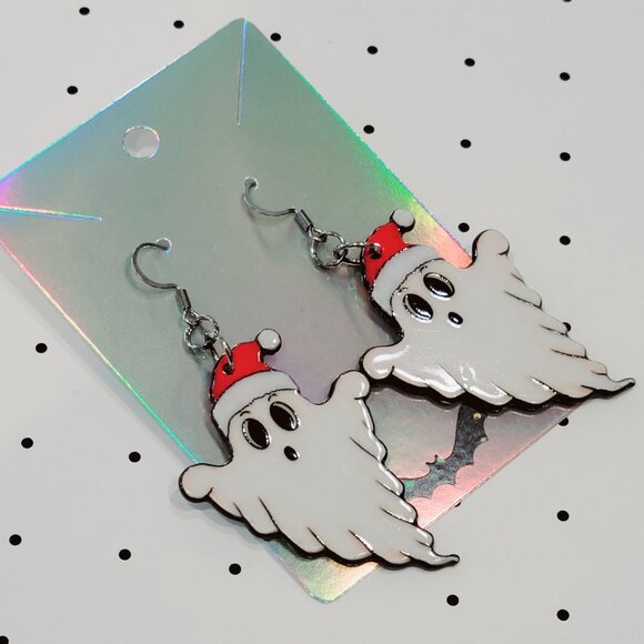 Santa Hat Ghost Earrings Stainless Steel Hooks Halloween On Christmas NEW - Picture 5 of 6
